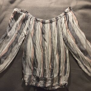 Aeropostale White and Gray Smocked Blouse